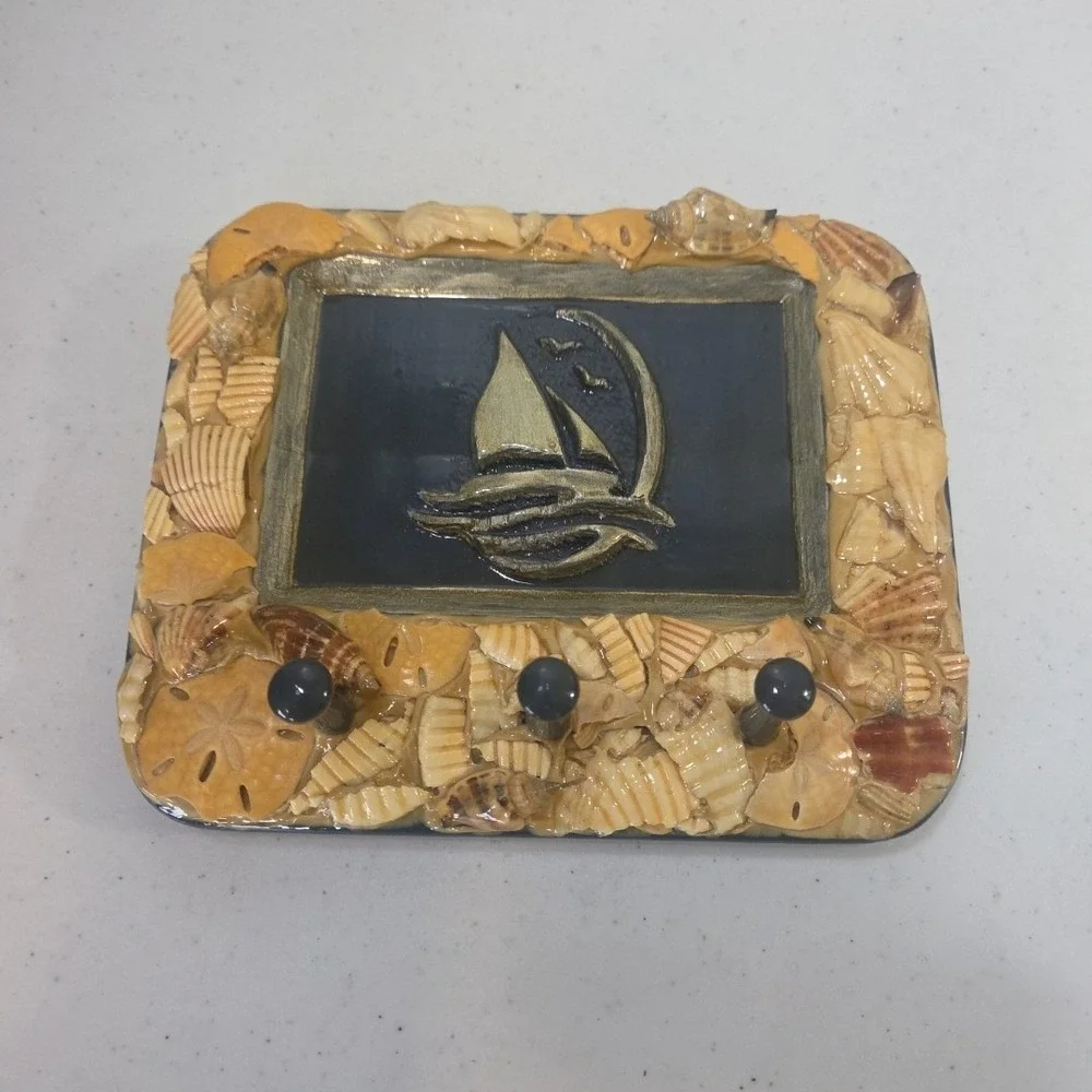 Vintage Epoxy Seashell Sailboat Key Holder Kandu Krafts 3D Textured Beach Ocean